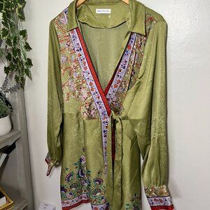 Urban Outfitters Olive Green Floral Border Tie Front Robe Kimono Dress Size L